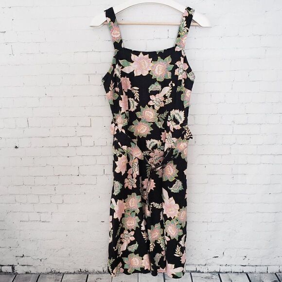 Who What Wear Boho Linen Blend Black Floral Dress S With Belt A-Line Square Neck - Picture 1 of 10